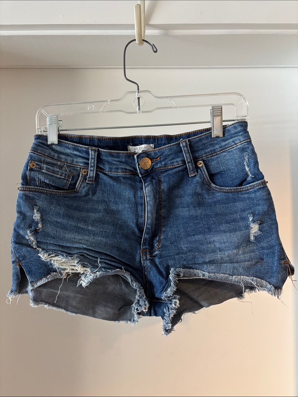 STS Blue Frayed Distressed Denim Shorts in Blue Wash